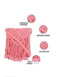 ASTRID Pink Macrame Sling Bag With Flapover Fringes - Free Size, Pink, Macrame, Pack of1